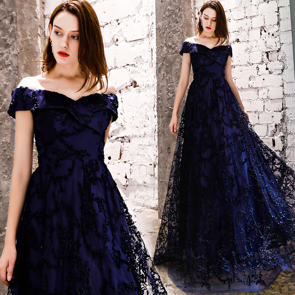 Off Shoulder Lace Evening Dresses Floor Length Evening Gowns Navy Black Prom Gowns In Stock