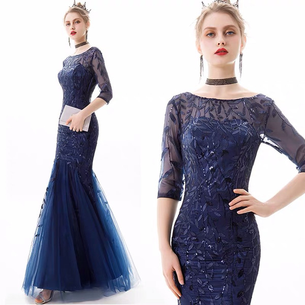 Navy Blue Tulle with Lace Embroidery Mermaid Evening Dresses In Stock Evening Gowns Long Party Dress