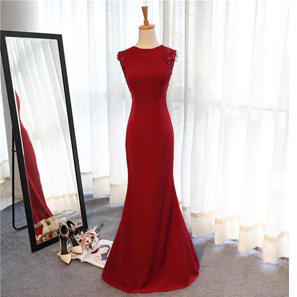 Jewel Neck 395 Satin Mermaid Evening Dress With Lace Beads Elegant Long Evening Gowns Burgundy