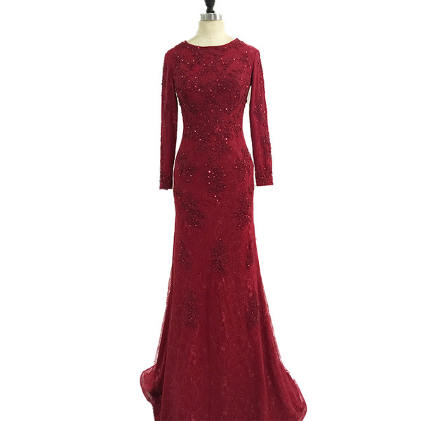 Burgundy Long Sleeves Lace Evening Dress Mermaid O Neck Evening Gowns Beaded Formal Party Dress