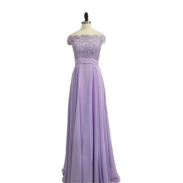 Off Shoulder Chiffon Long Evening Dresses with Lace Appliques Lavender Prom Gown Button Back Formal Dress