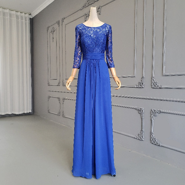 Royal Blue Chiffon Long Evening Dress with Lace Top 3/4 Long Sleeves Evening Gowns