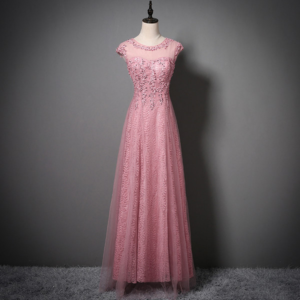 Blush Pink Lace Appliqued Tulle Long Evening Dress Open Back Evening Gown Beading Party Dresses