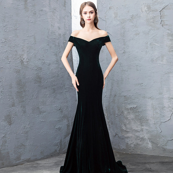 Velvet Mermaid Off Shoulder Evening Dresses Long Evening Gowns Short Sleeves Formal Party Dress Robe De Soiree