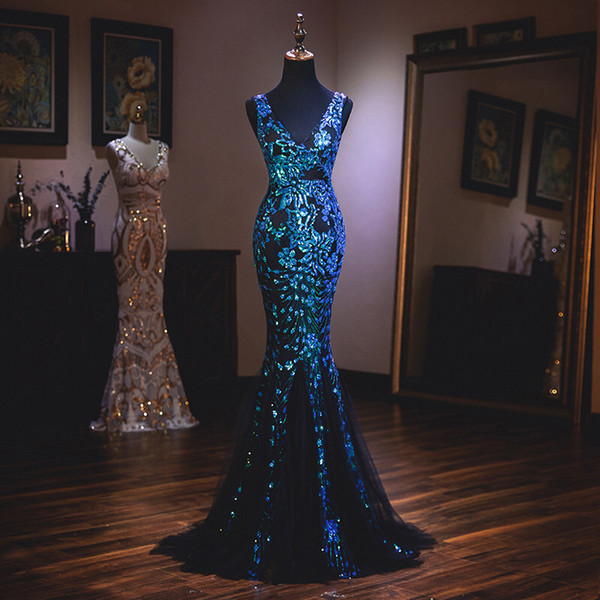 Bling Mermaid V Neck Evening Dresses Sequined Appliques Evening Gown Sexy Long Formal Dress Real Photo