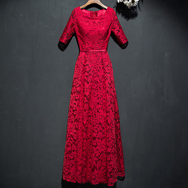 Short Sleeves Lace Elegant Evening Formal Dresses Dark Red Long Evening Gowns Real Photo Party Dress