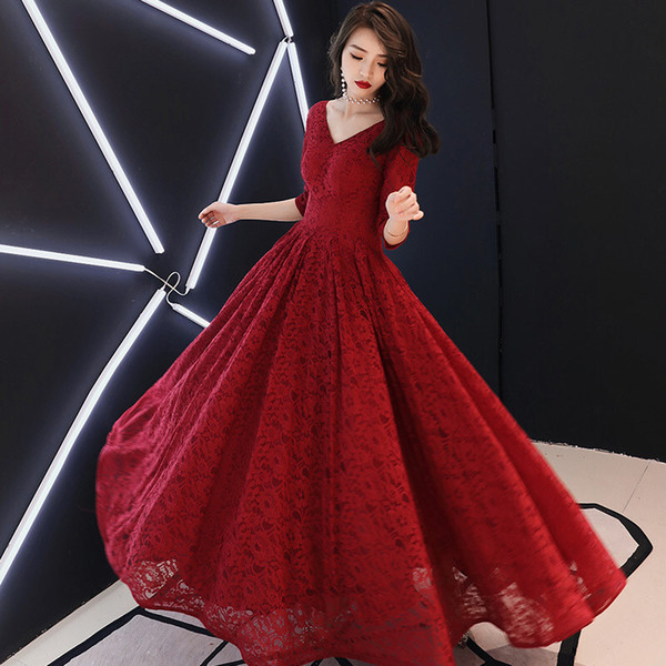 Burgundy V Neck Lace Evening Dress Half Sleeves Prom Gowns Floor Length Formal Dresses robe soiree