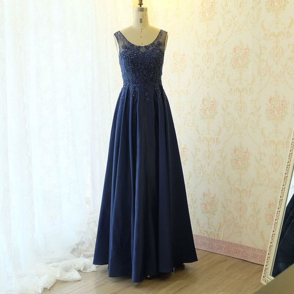 Navy Blue Chiffon Scoop Neck Evening Dresses Long Prom Gowns Beaded Lace Party Dress vestidos de fiesta