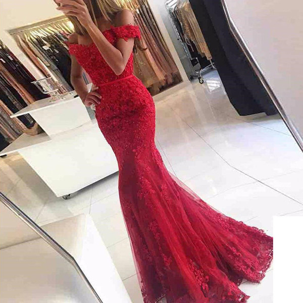 Lace Appliques Mermaid Off Shoulder Evening Dresses Long Evening Prom Gowns Beaded Formal Party Dress Green Red Burgundy