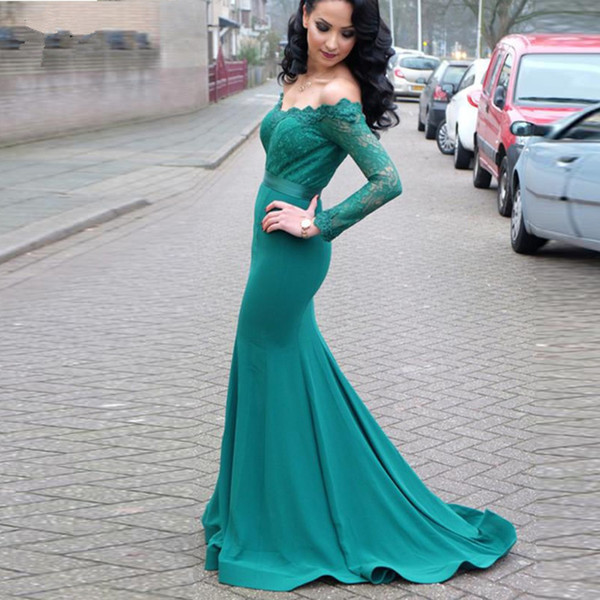 Off Shoulder Mermaid Evening Dress with Lace Appliques Long Sleeves Evening Gowns Green Formal Party Dress robe soiree