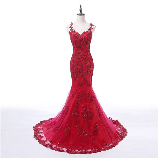 Sheer Back Mermaid Sweetheart Lace Evening Dresses Red Long Evening Gowns Appliques Vestido De Noche