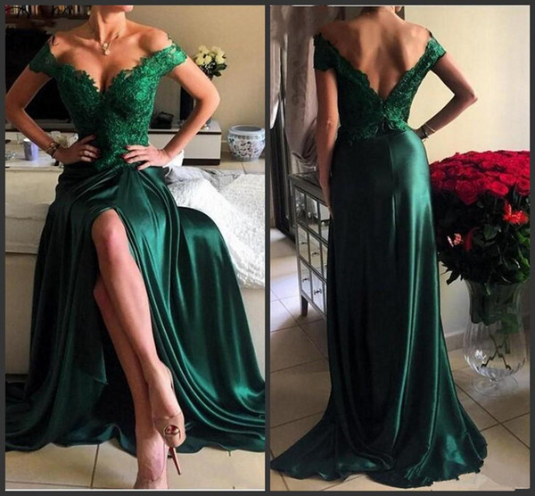 Off Shoulder Lace Satin Long Evening Dresses vestidos elegantes Dark Green Split Prom Gowns robe soiree dubai