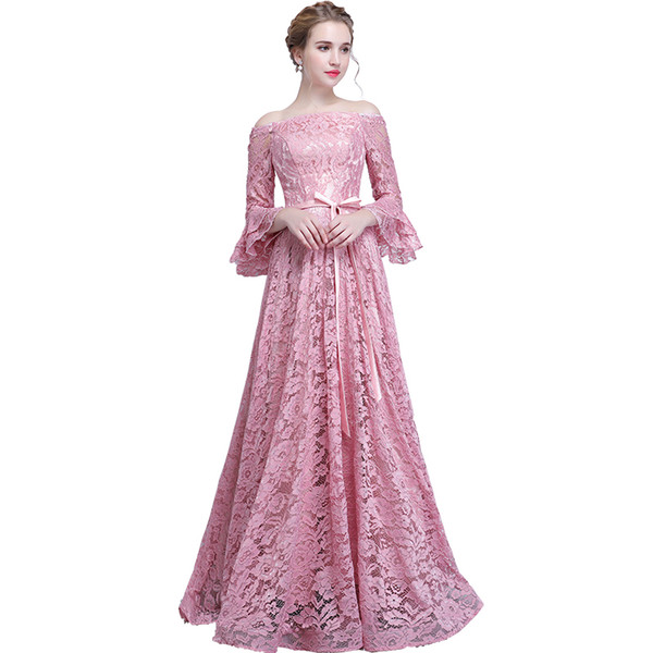 Blush Pink Navy Blue Lace Evening Dresses Floor Length Prom Gowns Lace Up Party Dresses Elegant