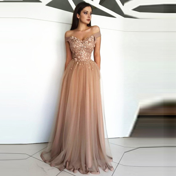 Off Shoulder Neckline Tulle Long Evening Dresses with Lace Appliques Zipper Back Evening Gown Robe De Soiree