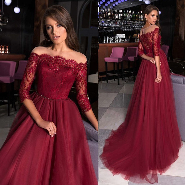 Robe Soiree Burgundy Three Quarter Long Sleeves Evening Dresses Long Prom Gowns Elegant Lace Tulle Formal Party Dress