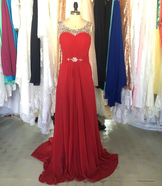 Beaded Chiffon Sheath Long Evening Dresses Abiye Dark Red Prom Dress Sweep Train Evening Gowns