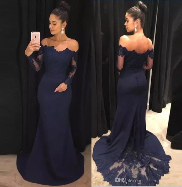 Navy Blue Mermaid Off Shoulder Evening Dresses Lace Appliques Long Prom Dress Button Back Evening Gowns