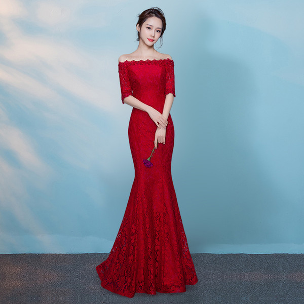 Lace Mermaid Evening Dresses with Appliques Half Sleeves Evening Gown Off Shoulder Party Dress Burgundy