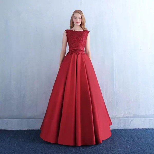 Galajurk Satin Long Evening Dresses with Pockets Lace Appliques Evening Gown Beaded Formal Dress Red Burgundy