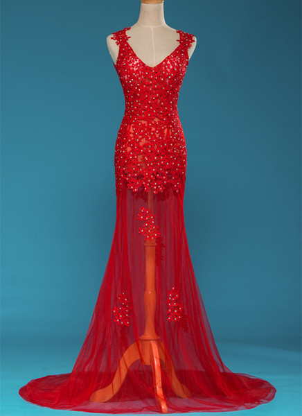 Lace Tulle mermaid Evening Dresses New Beaded Prom Dresses Floor Length Party Dress Black Red
