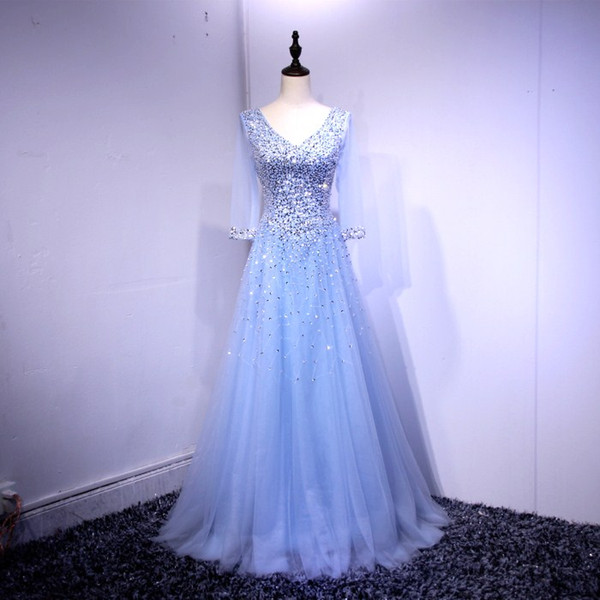 Bling Sequins Long Evening Dress with Long Sleeves Long Tulle Prom Dresses Floor Length Party Dress