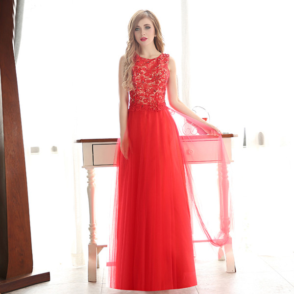 Red Tulle Formal Evening Dresses with Lace Appliques Floor Length Prom Gown Long Party Dresses