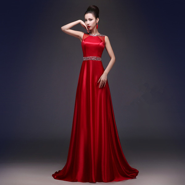 Beaded Satin Long Evening Dresses with Jewel Neck Red Prom Gowns Sheer Back Party Dresses Elegant