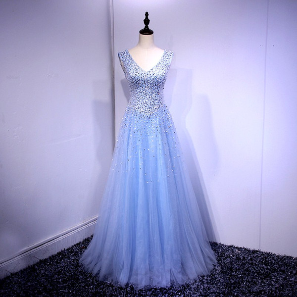 Beaded V Neck Tulle Evening Dresses Long Prom Dresses Lace Back Party Dress Floor Length