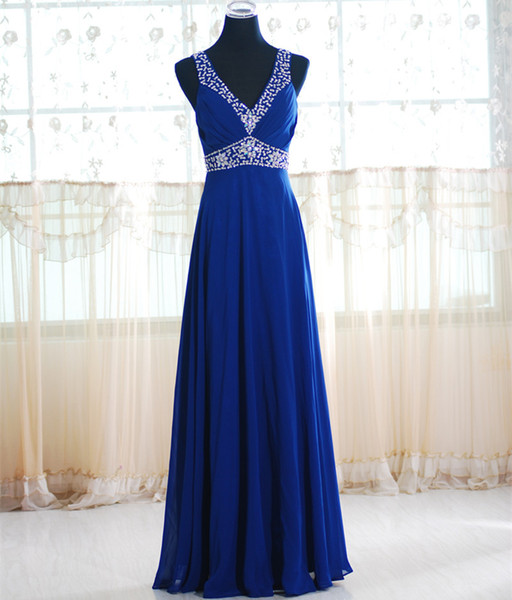 Beaded Chiffon A Line Evening Dresses New V Neck Long Evening Gowns Zipper Back Prom Gowns