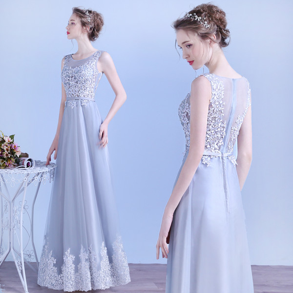 Scoop Neck Long Tulle Evening Dresses with Lace Appliques Floor Length Party Dresses High Quality Prom Gowns