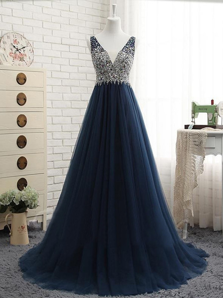 Beading V Neck Tulle Sexy Long Evening Dresses Navy Blue Floor Length Prom Dress Backless Party Dresses Elegant