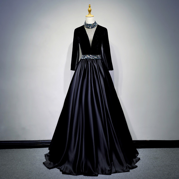 Beaded Jewel Neck Satin Formal Evening Dresses with Long Sleeves Black Prom Dress New Party Dresses