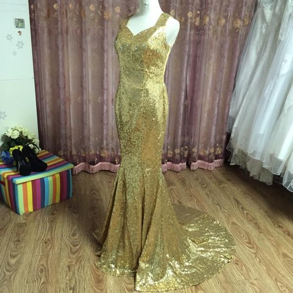 Beaded Bling Mermaid Evening Dresses Gold Long Prom Dresses Hollow Out Back Party Gowns Real Photo