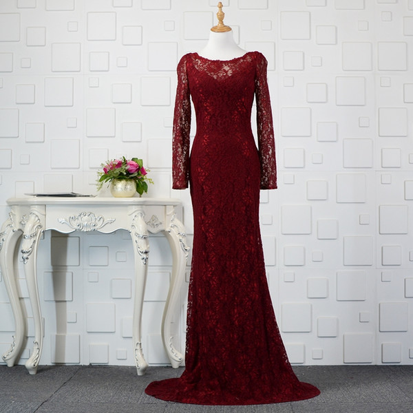 Long Sleeves Lace Evening Dresses Backless Evening Gowns New Floor Length Prom Dress Burgundy Color