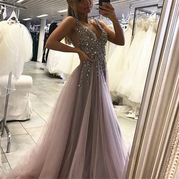 Beaded Crystals Tulle Evening Dresses Backless High Split Charming Prom Gowns Custom Made Party Dresses