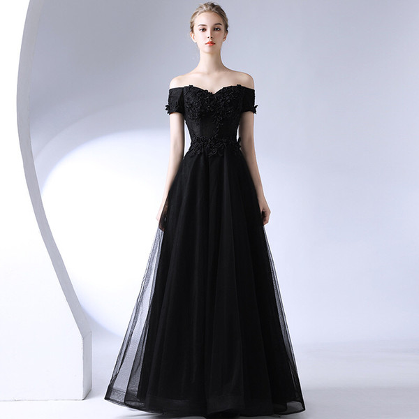 Black Tulle with Lace appliques Evening Dresses Off Shoulder Neckline Prom Gowns Long Formal Dress robe de soiree