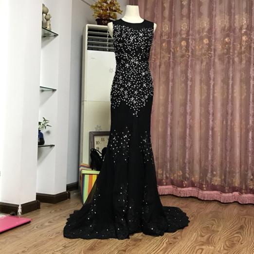 Beaded Jewel Neck Tulle Mermaid Evening Dress with Lace Appliques New Black Prom Dresses Elegant Party Dress