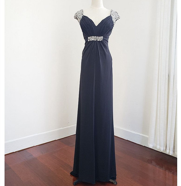 Beaded V Neck Long Evening Dresses with Pleat Black Party Dresses Floor Length Prom Gowns