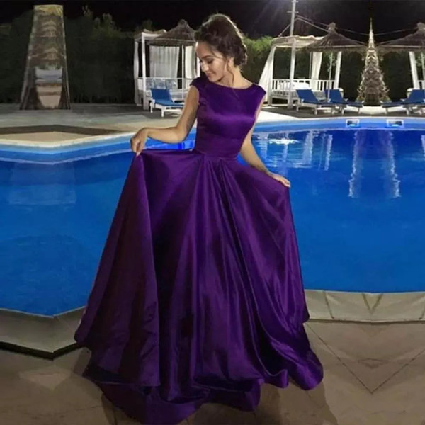 Purple Long Evening Dresses A Line Scoop Neck Satin Evening Gown Women Prom Dress Cheap