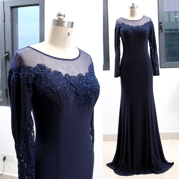 Scoop Neck Lace Appliques Sheath Evening Dresses Long Sleeves Evening Gowns Floor Length Party Dress