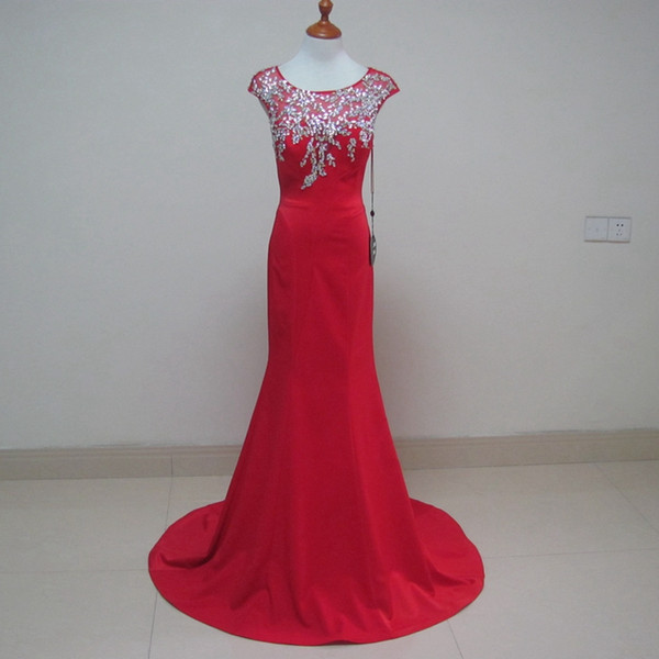 Beaded Sheer Neck Mermaid Evening Dress Red Long Satin Evening Gown Elegant Party Dress Real Photo