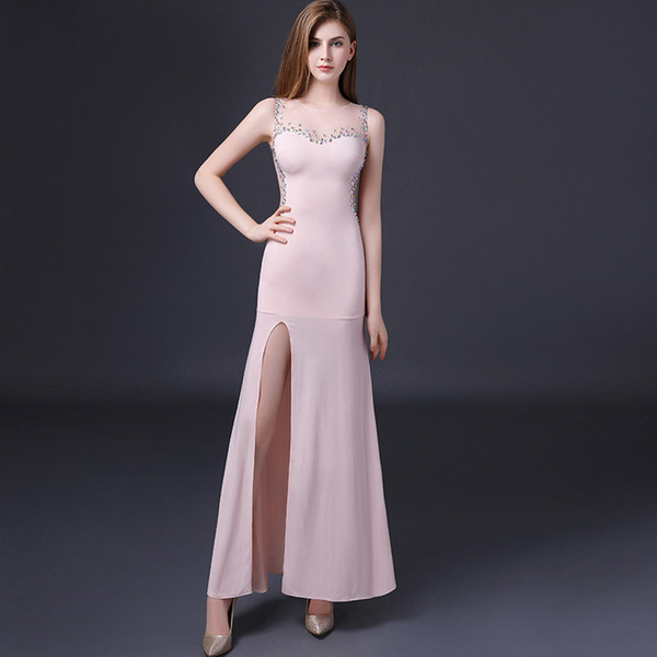 Sheer Jewel Neck Satin Mermaid Evening Dresses Blush Pink Split Prom Dress Beaded Evening Gowns Floor Length