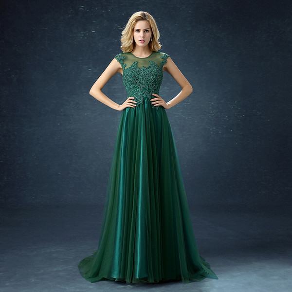 Beaded Jewel Neck Tulle Evening Dresses with Appliques Dark Green Prom Dress Sweep Train Fast 