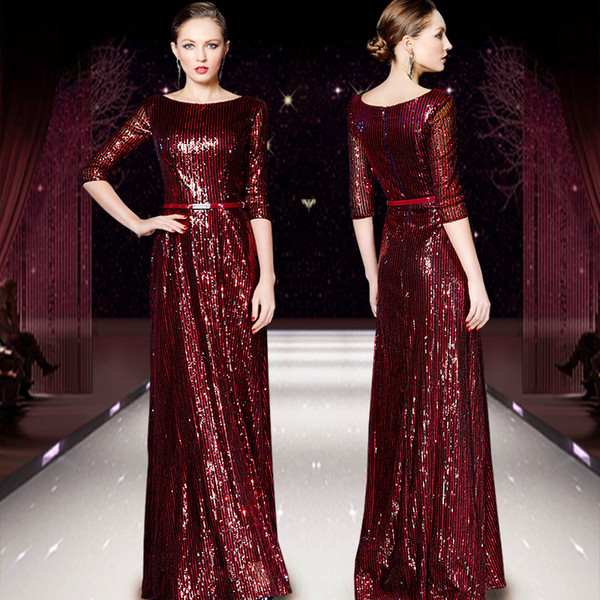Bling Sequins Evening Dresses without Belt Half Sleeve Fashion Evening Gowns Floor Length Party Dress Burgundy