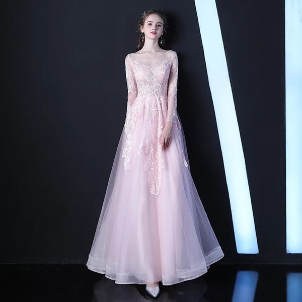 Long Sleeves Tulle Evening Dresses with Lace Appliques Pink Floor Length Evening Gown Lace Up Party Dresses