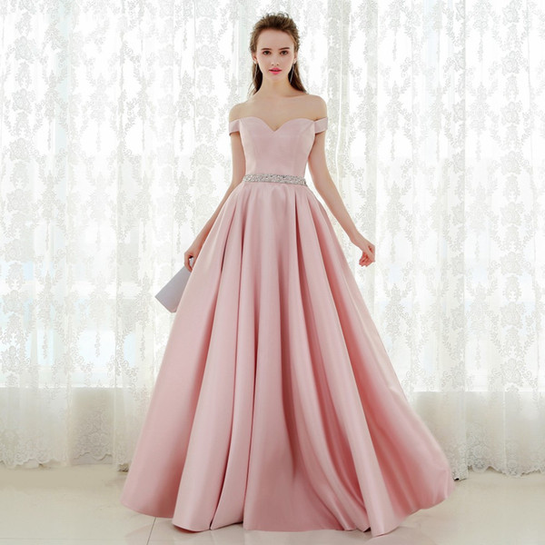 Beaded Off Shoulder Evening Dresses Pink Satin Prom Gowns Pleated Long Party Dress Fast 