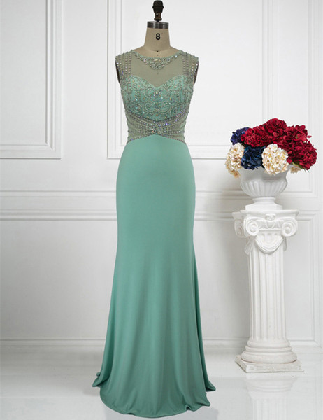 Jewel Neck Mermaid Evening Dresses with Beads Crystal Long Prom Gowns Floor Length Party Dress