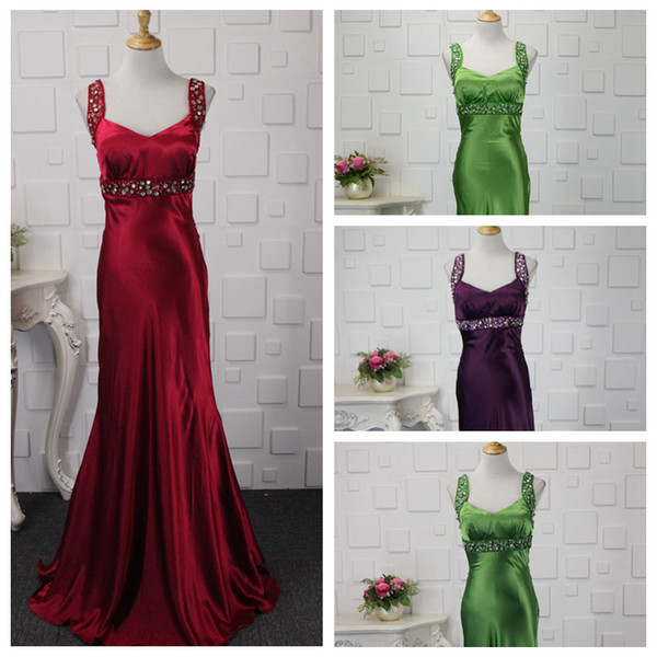 Beaded Satin Mermaid Evening Dresses with Spaghetti Strap Purple Burgundy Green Long Prom Gowns Zipper Back