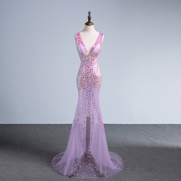 Light Purple Long Formal Evening Dresses Beaded V Neck Mermaid Prom Dresses New Party Dress