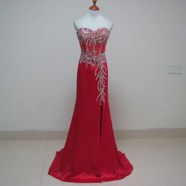 Beaded Long Satin Evening Dresses Red Sheath Prom Gowns High Quality Formal Party Dress Elegant